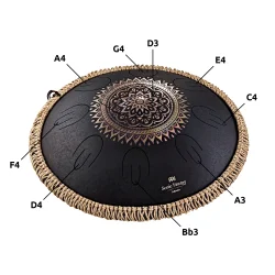 Meinl Sonic Energy OSTD1BKE 16" Oktav Steel Tongue Drum (D Kurd, laserbehandlet blomsterdesign, sort) inkl taske &amp; k�ller