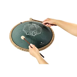 Meinl Sonic Energy OSTD3DGE Oktav Steel Tongue Drum (F-dur, 9 toner, 432 Hz, m�rkegr�n, blomsterdesign) inkl. tilbeh�r