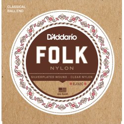 D'Addario Fretted EJ32C Folk SilverWound/ClearNylon NormalTension BallEnd Klassisk Guitar Strengest