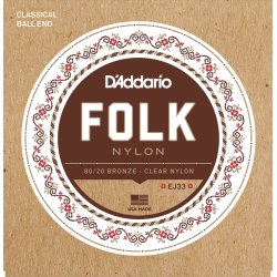 D'Addario Fretted EJ33 Folk 80/20Bronze/Clear Nylon NormalTension BallEnd Klassisk Guitar Strengest