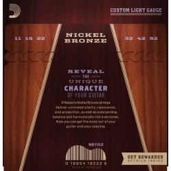 D'Addario Fretted NB1152 Nickel Bronze Custom Light 011-052 Western Guitar Strengest