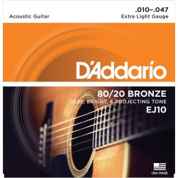 D'Addario Fretted EJ10 80/20 Bronze Extra Light 010 - 047 Western Guitar Strengest
