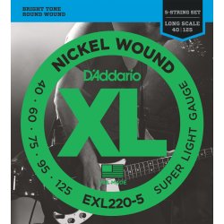 D'Addario Fretted EXL220-5 Nickel Wound Super Light 040 - 125 (5-strenge) elektrisk bas strengest