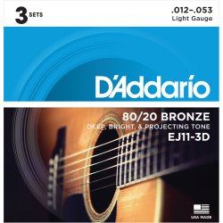 D'Addario Fretted EJ11-3D 80/20 Bronze Regular Light 012-053 Western Guitar Strengest (3-st)