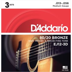 D'Addario Fretted EJ12-3D 80/20 Bronze Medium 013-056 Western Guitar Strengest (3-st)
