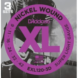 D'Addario Fretted EXL120-3D XL Nickel Wound Super Light 09-42 Elektrisk Guitar Strengest (3-st)