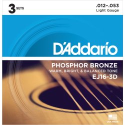 D'Addario Fretted EJ16-3D Phosphor Bronze Light 012 - 053 Western Guitar Strengest (3-st) 