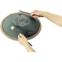 Meinl Sonic Energy OSTD3DGE Oktav Steel Tongue Drum (F-dur, 9 toner, 432 Hz, m�rkegr�n, blomsterdesign) inkl. tilbeh�r