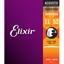 Elixir 16027 Nanoweb Coated Phosphor Bronze Custom Light (11/52) Western Guitar Strenges�t