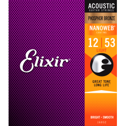Elixir 16052 Nanoweb Coated Phosphor Bronze Light (12/53) Western Guitar Strengest
