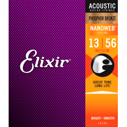 Elixir 16102 Nanoweb Coated Phosphor Bronze Light (13/56) Western Guitar Strengest