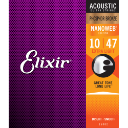 Elixir 16002 Nanoweb Coated Phosphor Bronze Extra Light (10/47) Western Guitar Strenges�t