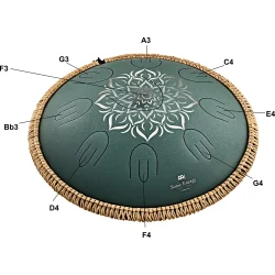 Meinl Sonic Energy OSTD3DGE Oktav Steel Tongue Drum (F-dur, 9 toner, 432 Hz, m�rkegr�n, blomsterdesign) inkl. tilbeh�r