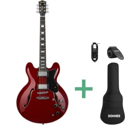 Donner DJP-1000R Semi-hollow Elektrisk Guitar m/HH-konfiguration inkl. taske &amp; tilbeh�r (R�d Gloss) 