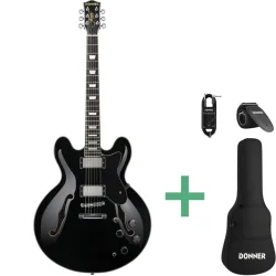 Donner DJP-1000B Semi-hollow Elektrisk Guitar m/HH-konfiguration inkl. taske &amp; tilbeh�r (Sort Gloss)