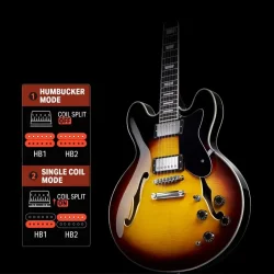 Donner DJP-1000S Semi-hollow Elektrisk Guitar m/HH-konfiguration inkl. taske &amp; tilbeh�r (Sunburst)