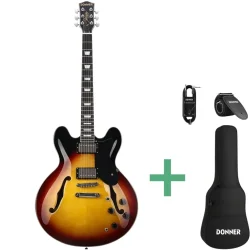 Donner DJP-1000S Semi-hollow Elektrisk Guitar m/HH-konfiguration inkl. taske &amp; tilbeh�r (Sunburst)