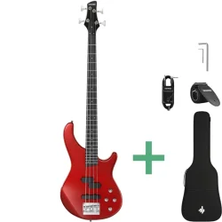 Donner DPJ-100R 4-strenget Elektrisk Bas inkl. taske &amp; tilbeh�r (R�d)