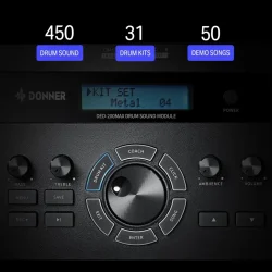 Donner DED-200MAX Elektrisk Trommes�t (5 trommer, 3 b�kken) inkl. trommestol, hovedtelefon m.m.