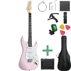 Donner DST-80 Komplet Elektrisk Guitar Begynder Pakke inkl. �veforst�rker, taske &amp; tilbeh�r (Shell Pink) 