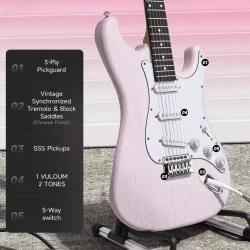 Donner DST-80 Komplet Elektrisk Guitar Begynder Pakke inkl. �veforst�rker, taske &amp; tilbeh�r (Shell Pink) 