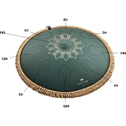 Meinl Sonic Energy OSTD4DGE Octave Steel Tongue Drum (f#-mol, 9 toner, 432 Hz, m�rkegr�n, blomsterdesign) inkl. tilbeh�r 
